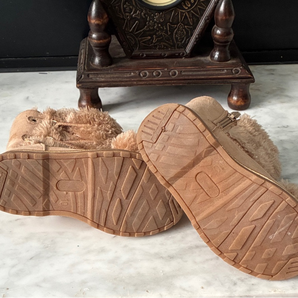 Cozy Tan Kids Boots with Pom Poms - Picture 9 of 11